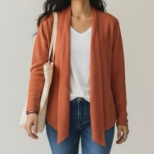 Eileen Fisher wool open cardigan ribbed waffle textured knit burnt orange 3x